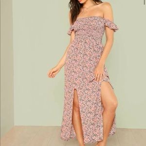 NWOT pink mauve white blue floral thigh slit smocked  maxi dress Medium